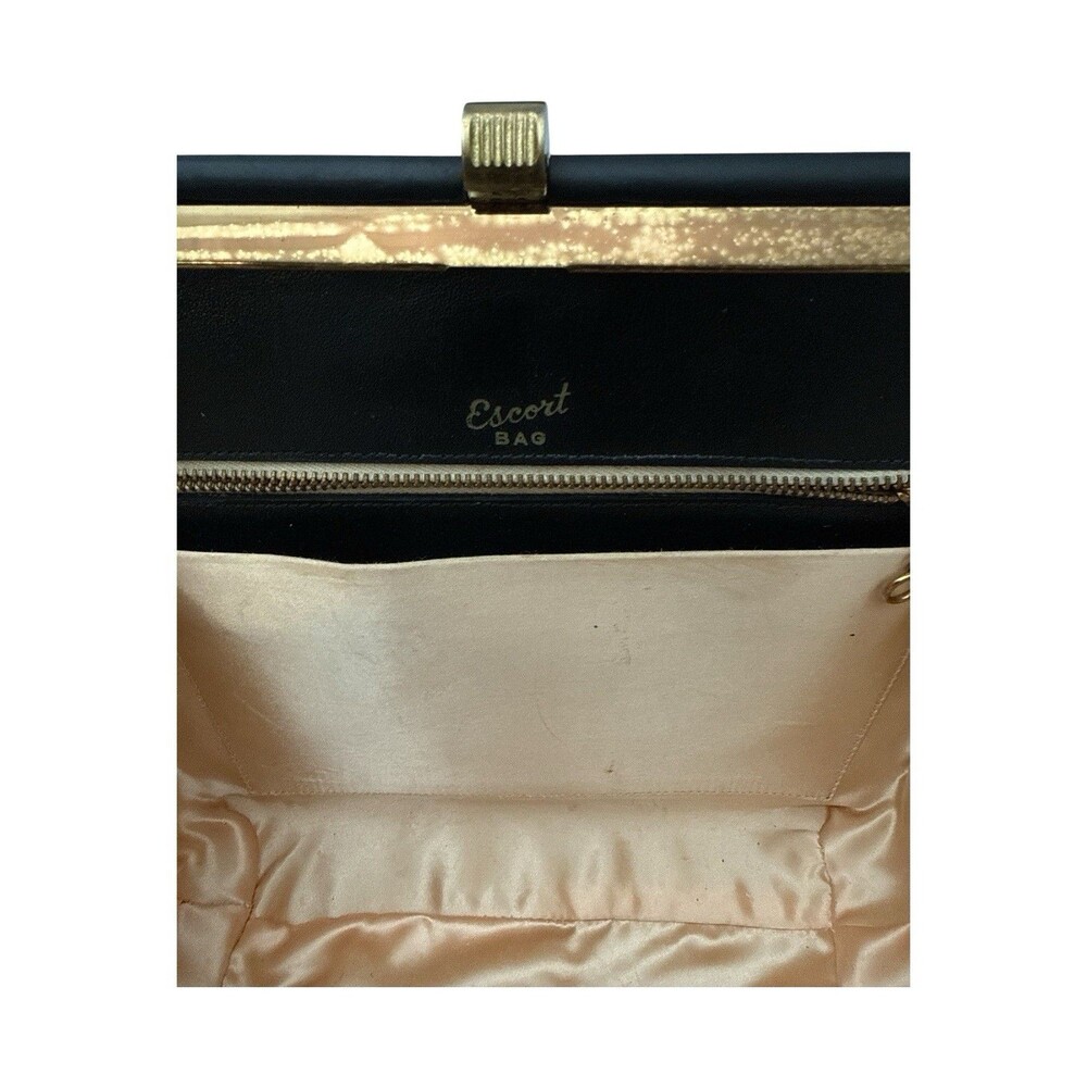 Vintage 1950s Escort Bag Black Leather Frame Handbag Mirror Coin Purse MCM - Picture 11 of 14